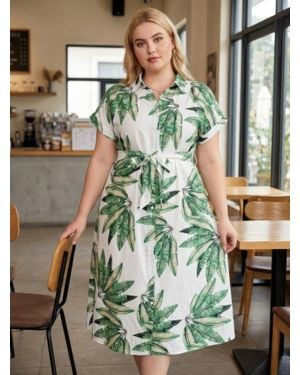 TRUEDAMES Plus Size Tropical Leaf Midi Dress - Green