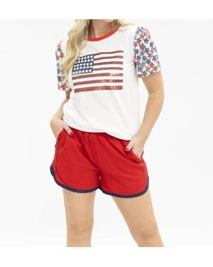 Southern Grace Sequin American Flag Star Sleeve Tee - Red