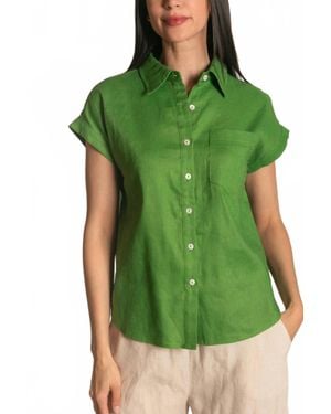 P.Cill Linen Relaxed Short Sleeve Button Up Shirt - Green