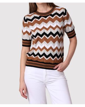 Minnie Rose Cotton Cashmere Chevron Pointelle Crew Tee - Brown
