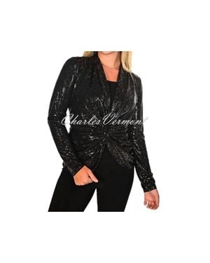 FRANK LYMAN Shimmer Leopard Wrap Front Top - Black