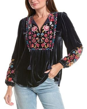 Johnny Was Curved Hem Prairie Silk-Blend Blouse - Black