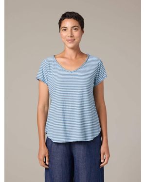 cut-loose Short Sleeve Raw Edge V Neck Stripe Top - Blue