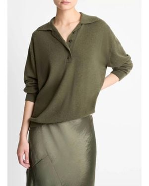 Vince Cashmere-Silk Wide-Placket Polo Sweater - Green