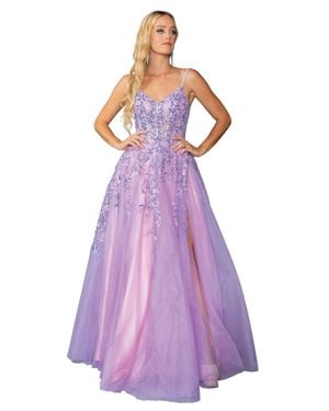 DQ Sequined Bodice A-Line Gown With Sheer Overlay And V-Neck Design Prom Dress - Purple
