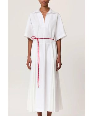 Plan C Pleated Poplin Dress With Belt - White