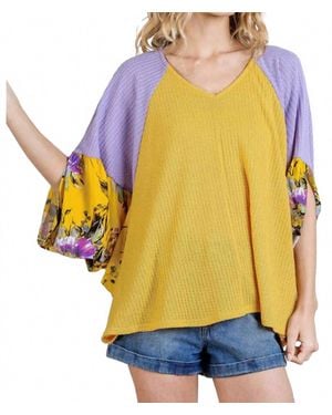Umgee Floral Split Sleeve Color Block Top - Yellow