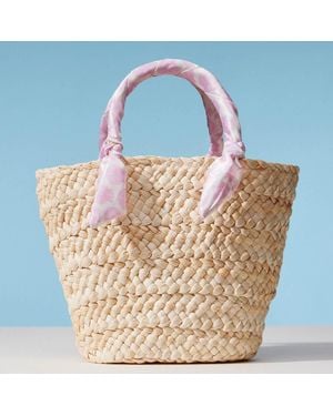 Fashnzfab Shell Print Fabric Scarf Wrapped Handle Raffia Tote Bag - Blue