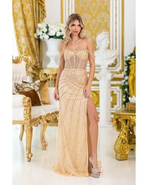 DQ Off-Shoulder Sequin-Embellished Prom Dress With High Slit And Flowing Skirt, Featuring A Fitted Bodice And Glamorous Detailing - Yellow