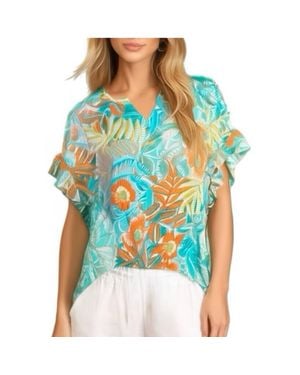Ruby Rd. Tropical Floral Short Sleeve Blouse - Blue