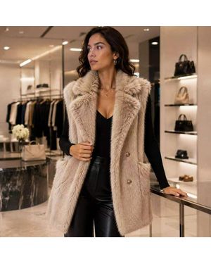 TRUEDAMES Plush Faux Fur Open Front Pocket Long Vest - Brown