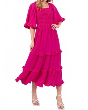 She + Sky Bell Sleeve Square Neck Smocked Tiered Midi Dress - Pink