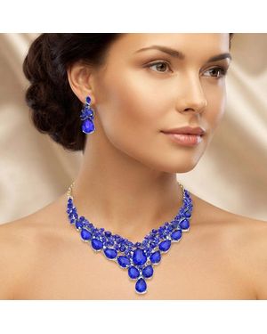 Fashnzfab Teardrop Cluster Embellished Evening Necklace - Blue