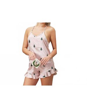 Bella Sleep + Spa Woodland Tree Satin Cami And Ruffled Shorts Pajama Set - Black