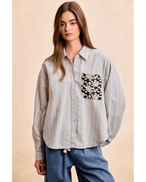 TRUEDAMES Flower Jacquard Knit Patch Pocket Stripe Shirt - Gray