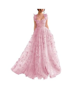 TRUEDAMES Spaghetti Strap Flower Fairy High-End Gown Banquet Party Elegant Evening Dress - Pink