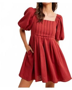 In-Loom Sweetheart Puff Sleeves Mini Dress - Red