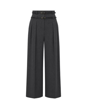 Liu Jo Wide-Leg Dark Melange Flannel Pants With Double-Belt Detail - Black
