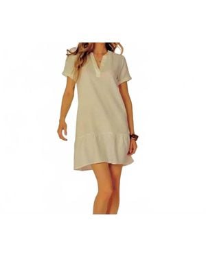 Bobi Split Neck Ruffle Hem Dress - White