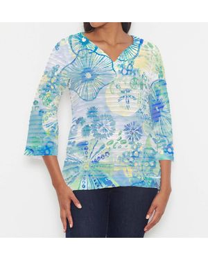Whimsy Rose Banded 3/4 Bell-Sleeve V-Neck Tunic - Blue
