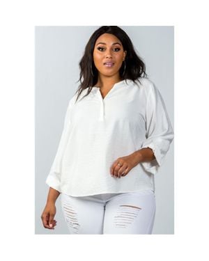 TRUEDAMES Plus Size Oatmeal Stand-Up Collar Roll Tab Sleeve Blouse - White