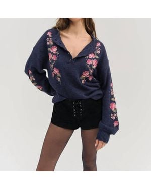 For Love & Lemons Molly Embroidered V-Neck Sweater - Blue