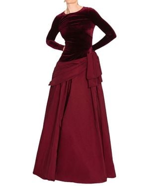 Marchesa Stretch Velvet Long Sleeve Gown - Red