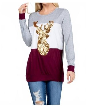 Acting Pro Christmas Reindeer Sequin Long Sleeve Top - Red
