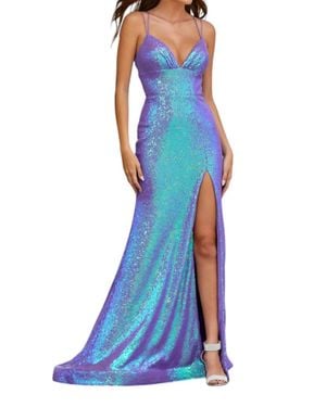 Amarra Deep Neckline Iridescent Shiny Gown - Blue