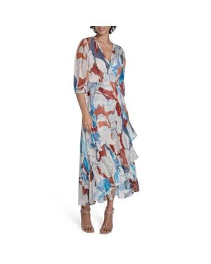 Calvin Klein Chiffon Puff Sleeve Faux Wrap Dress - Blue