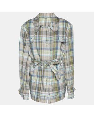 Basler Checkered Linen Long Sleeve Belted Cuff Shirt - Green