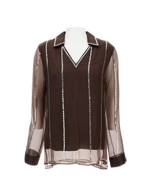 Wales Bonner Silk Organza V-Neck Shirt With Metal Stud Embellishments - Brown