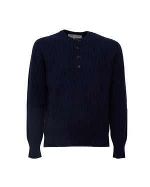 Amaranto Ribbed Knit Sweater With Four-Button Placket And Relaxed Fit - Blue