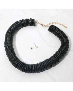 Fashnzfab Chunky Wooden Disc Beaded Statement Necklace - Black