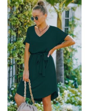 TRUEDAMES V Neck Waist Tie Solid A Line Dress - Green