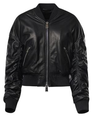 Dondup Cropped Oversized Nappa Leather Bomber Jacket - Black