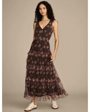 Lucky Brand Floral Mesh Tiered Midi Dress - Brown