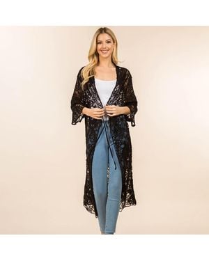 TRUEDAMES Floral Lace Open Tie Front Long Kimono Poncho - Black