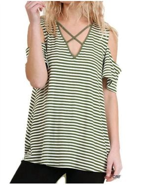 Umgee Cold Shoulder Striped Top - Green