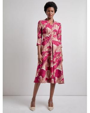 Misook Fit & Flare Woven Watercolor Print Midi Dress - Red