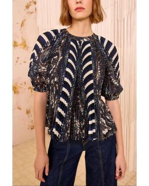 Ulla Johnson Dafne Pleated Short Sleeve Blouse - Blue