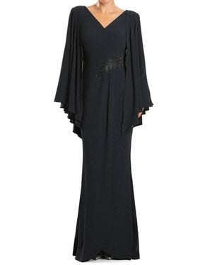 Alexander by Daymor V-Neck Long Pleated Sleeve Evening Maxi Dress - Black