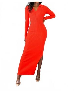 SurelyMine Collar Ribbed Long Sleeves Maxi Dress - Red