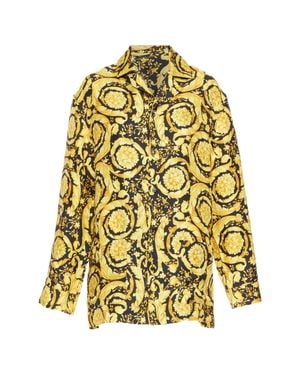 Versace Silk Signature Barocco Baroque G Print Pajama Shirt - Yellow