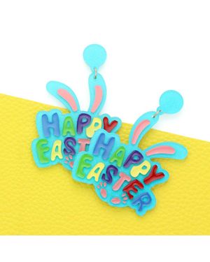 Fashnzfab Happy Easter Resin Bunny Dangle Earrings - Blue