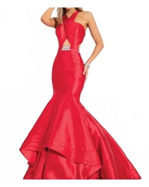 Rachel Allan Criss-Cross Mikado Mermaid Ruffled Gown - Red