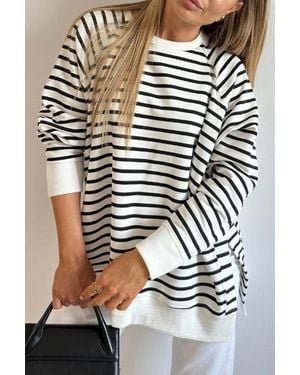 TRUEDAMES Stripe Raglan Sleeve Side Slits Loose Sweatshirt - Black