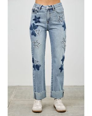 TRUEDAMES High Rise Star & Heart Patched Dad Jean W/Stretch - Blue