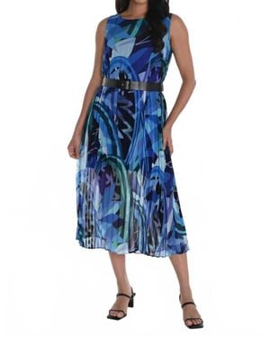 FRANK LYMAN Pleated Chiffon Belted Midi Dress - Blue