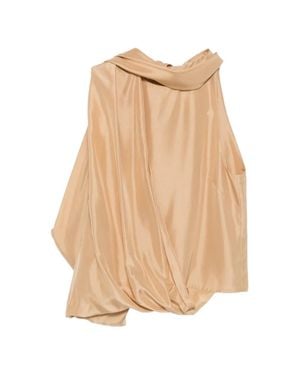 Alberta Ferretti Asymmetrical Satin Top With Draped Cowl Neckline - Natural